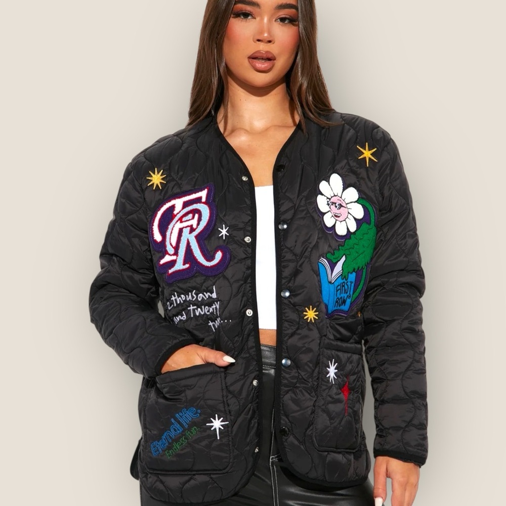 FIRST ROW BLACK SUNSHINE QUILTED JACKET with embellishment patches NWT Xlarge
